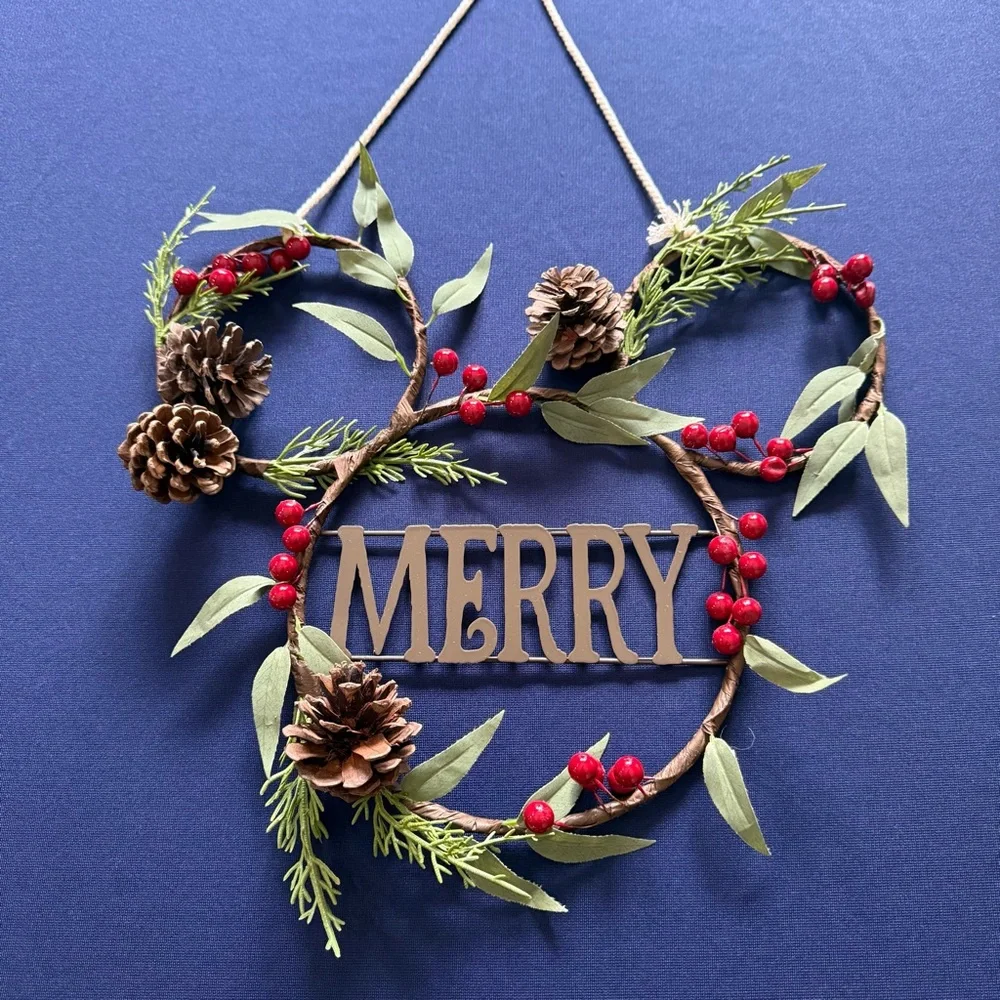 Disney Mickey Mouse “Merry” Holiday Wreath Rustic Pinecones & Berries